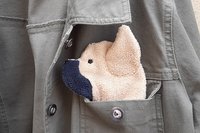 Frenchi peeking out of the chest pocket of a jean jacket.