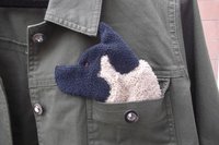 Smudge Dog shown peeking out of a jean jacket.