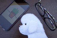Smudge Dog with phone and glasses. Two of the items it can clean