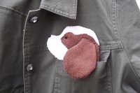 Smudge Dog peeking out of jean jacket pocket