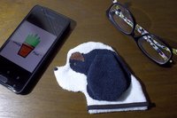 Smudge Dog with smart phone and glasses.