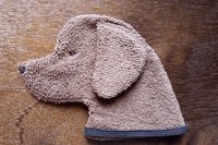 Soft, microfiber terry cloth towels cut, sewn, and made in the shape of a dog