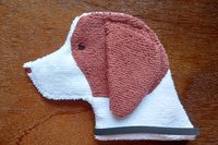 Soft, microfiber terry cloth towels cut, sewn, and made in the shape of a dog
