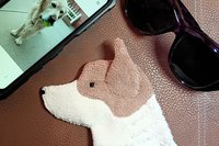 Showing scale of Smudge Dog with two of the many items it can clean and polish: smart phone and eye glasses.