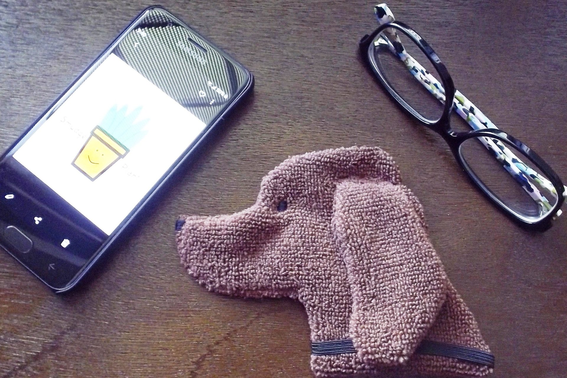Smudge Dog with smart phone and glasses.