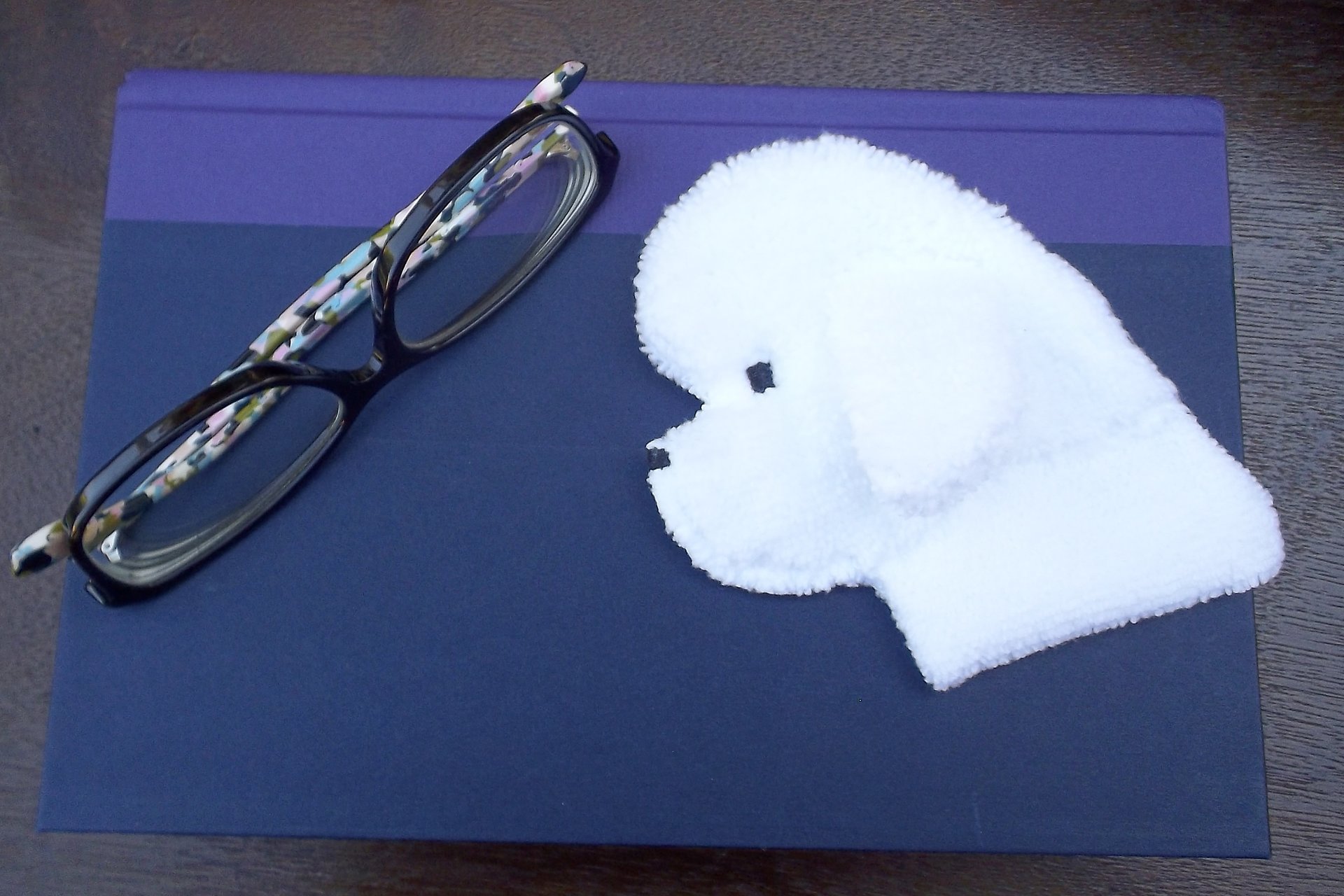 Bichon Frise used as a bookmark.