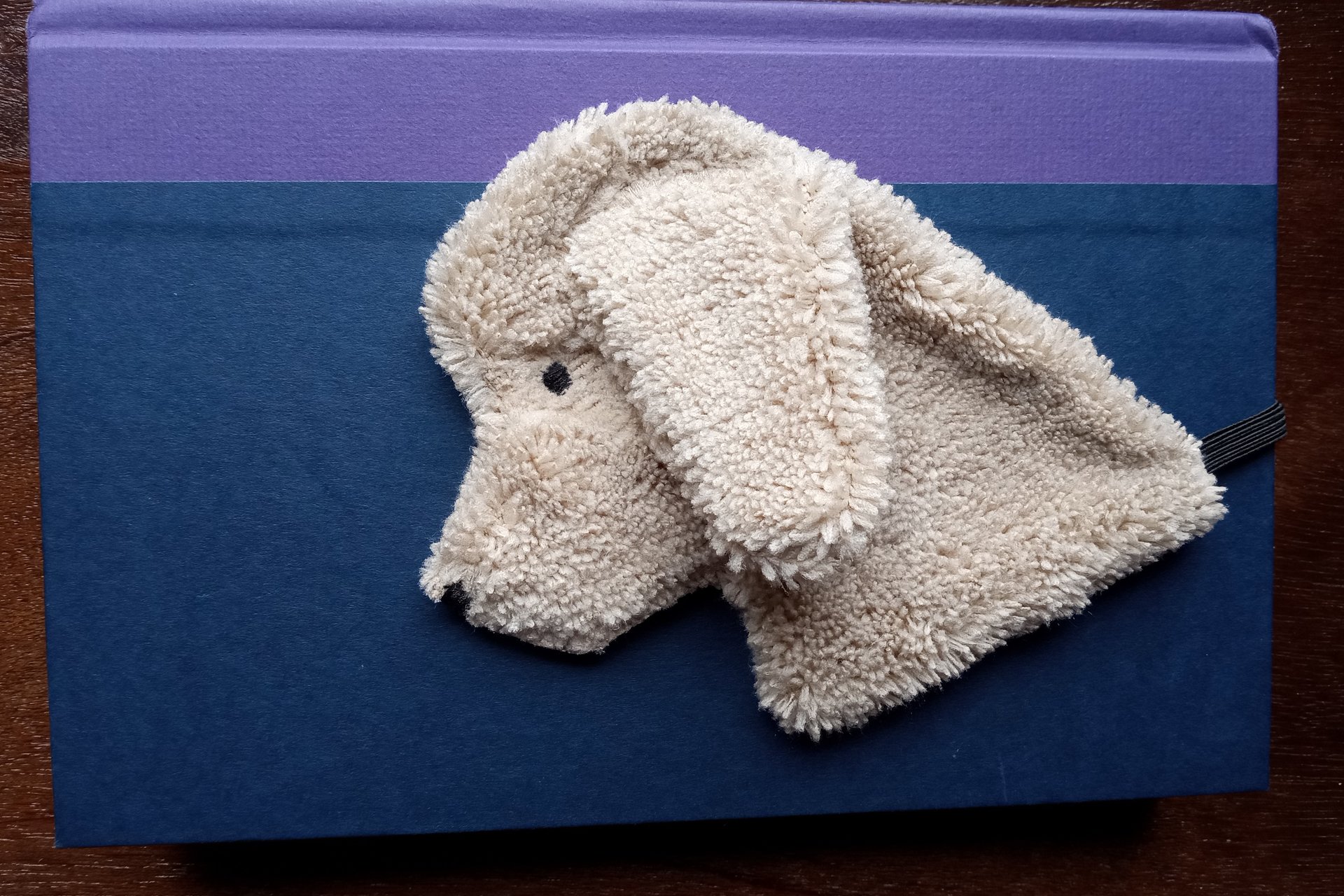 Smudge Dog being used as a bookmark.