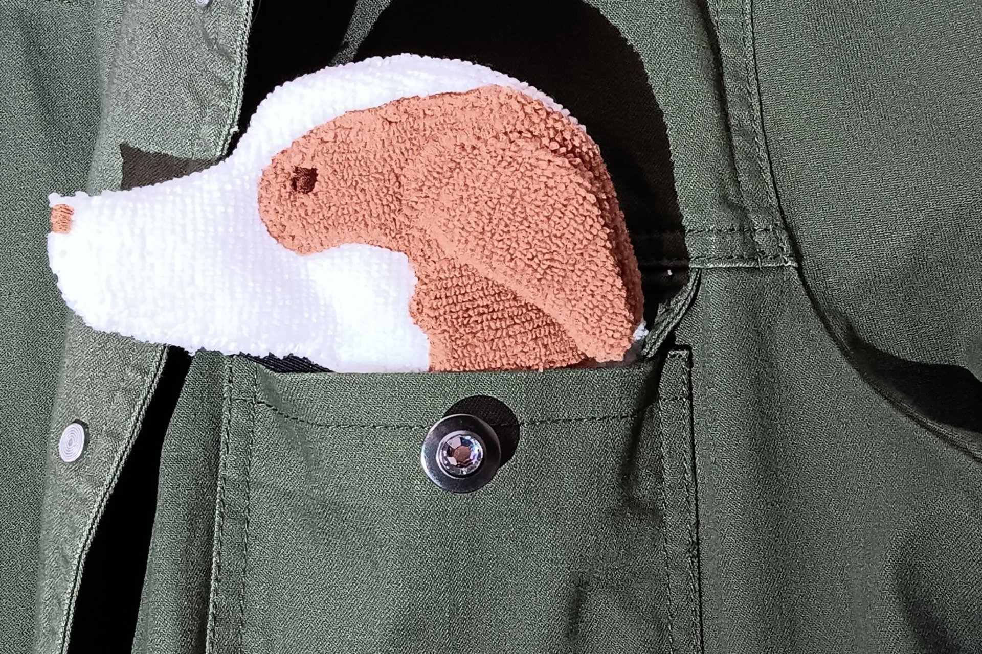 Dog shaped towel peeking out of a jean jacket pocket