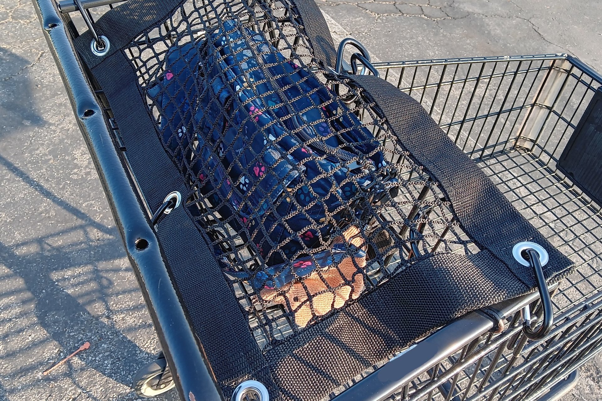 Purse and All Safety Net attached to shopping cart to protect items in child carrier section of cart