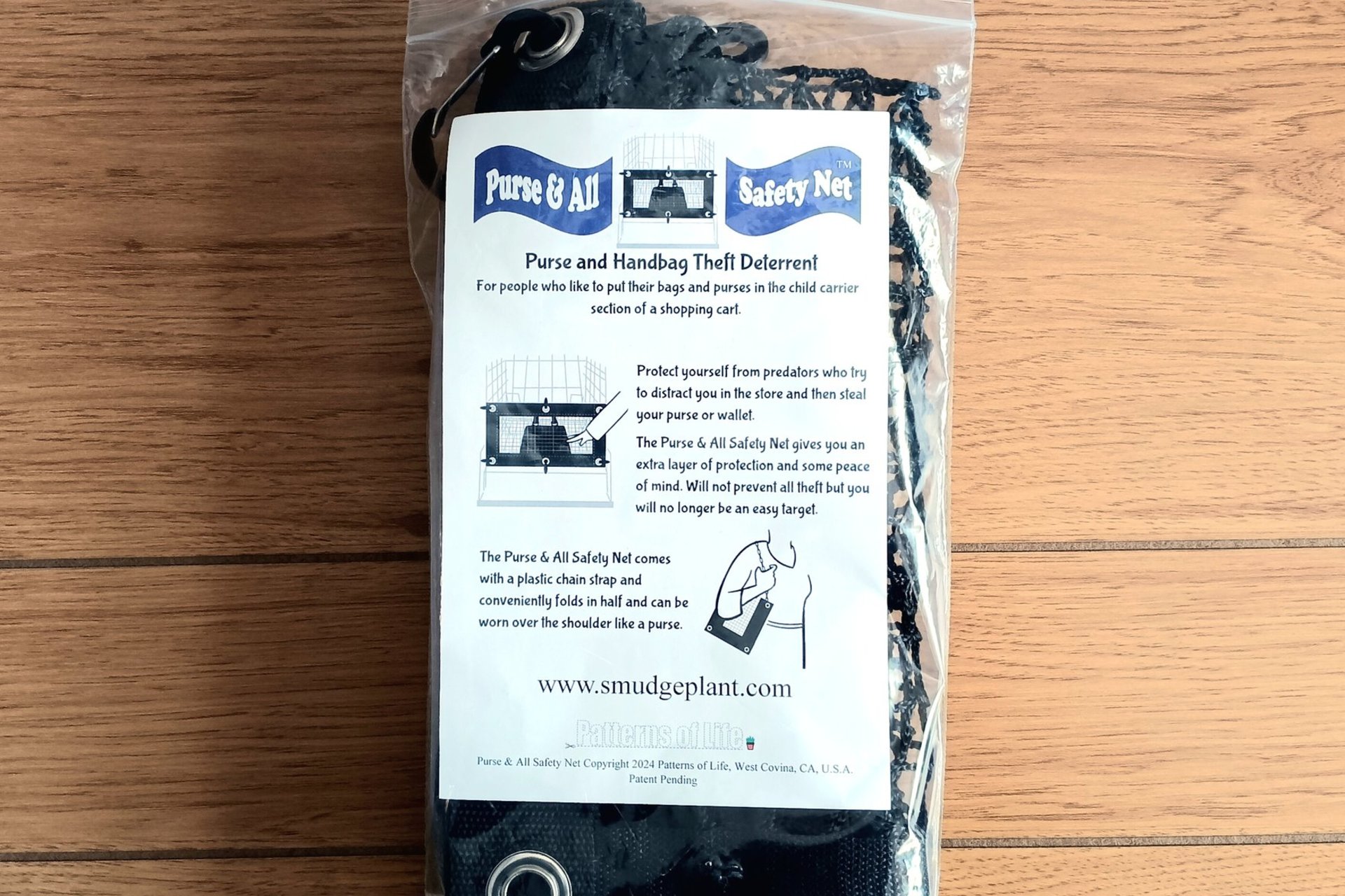 Purse and All Safety net packaged for sale in a zip top bag with product insert. 