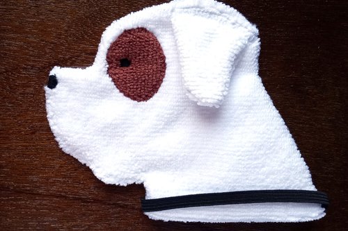 Soft, microfiber terry cloth towels cut, sewn, and made in the shape of a dog