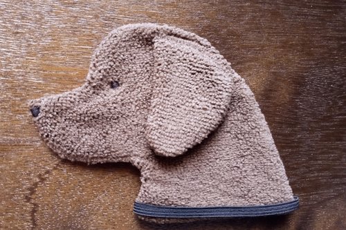 Soft, microfiber terry cloth towels cut, sewn, and made in the shape of a dog